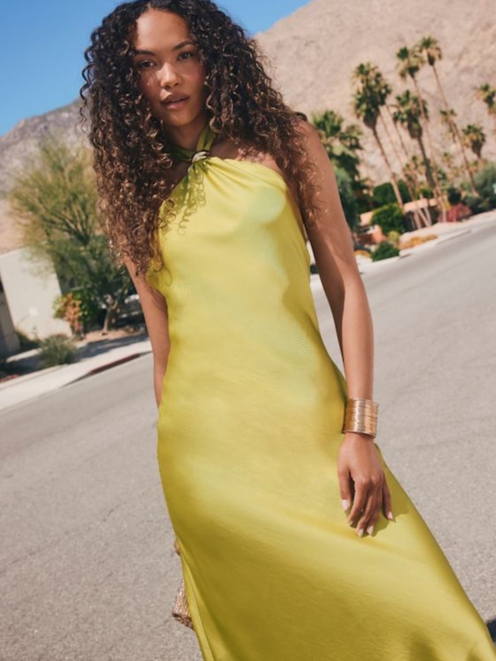 Lulus Lorissa Chartreuse Satin Halter Midi Dress Green - Size S